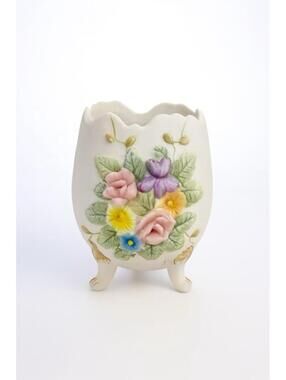 Lefton China Vintage Floral Vase with 3 Legs and Raised Flowers